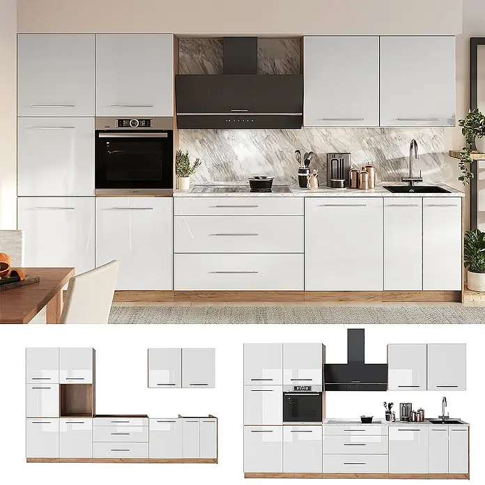 Vicco Küchenzeile - Weiß Hochglanz, Ohne Elektrogeräte - Weiße Hochglanzküche mit integrierten Geräten und Holzsockel. Modulare Schränke und Schubladen.