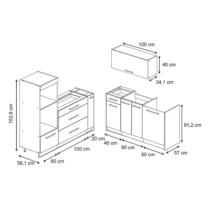 Vicco Küchenzeile - Breite: 340 cm, Dunkelblau Hochglanz, Ohne Elektrogeräte - Modulare Küchenschränke (helles Finish) mit Maßen: Hochschrank (153,6 cm), Unterschränke (81,2 cm), Hängeschrank (100x40x34,1 cm).