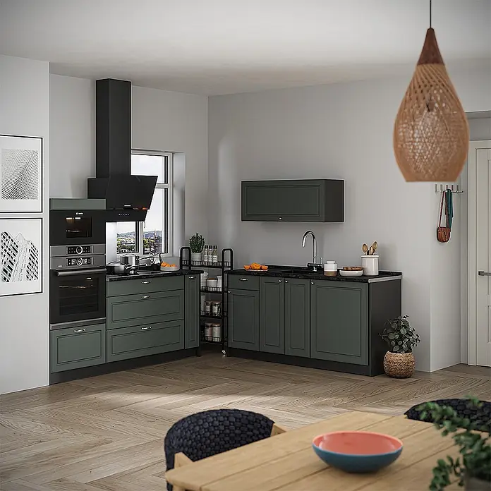 Vicco Küchenzeile - Breite: 340 cm, Grün-Gold Landhaus, Ohne Elektrogeräte - Moderne Küche mit dunkelgrünen Schränken, schwarzen Arbeitsplatten und integrierten Geräten, von Essbereich aus gesehen.