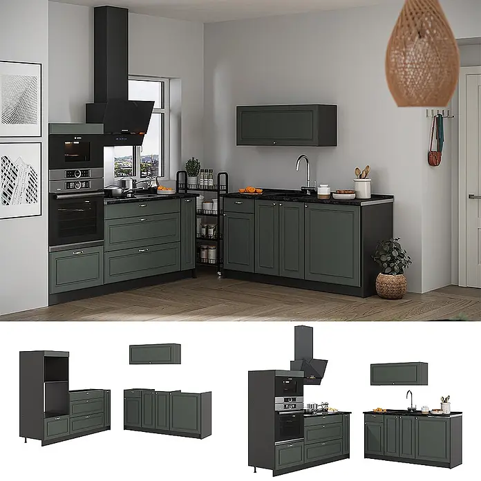 Vicco Küchenzeile - Breite: 340 cm, Grün-Gold Landhaus, Ohne Elektrogeräte - Moderne dunkelgrüne L-förmige Modulküche mit integriertem Backofen, Kochfeld und Spüle für ein stilvolles Interieur.