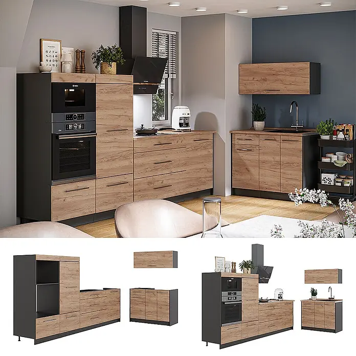 Vicco Küchenzeile - Breite: 380 cm, Goldkraft Eiche, Ohne Elektrogeräte - Moderne Modulküche mit Holzoptik- und dunkelgrauen Schränken, inklusive Einbaugeräten. Einzelne Elemente unten gezeigt.