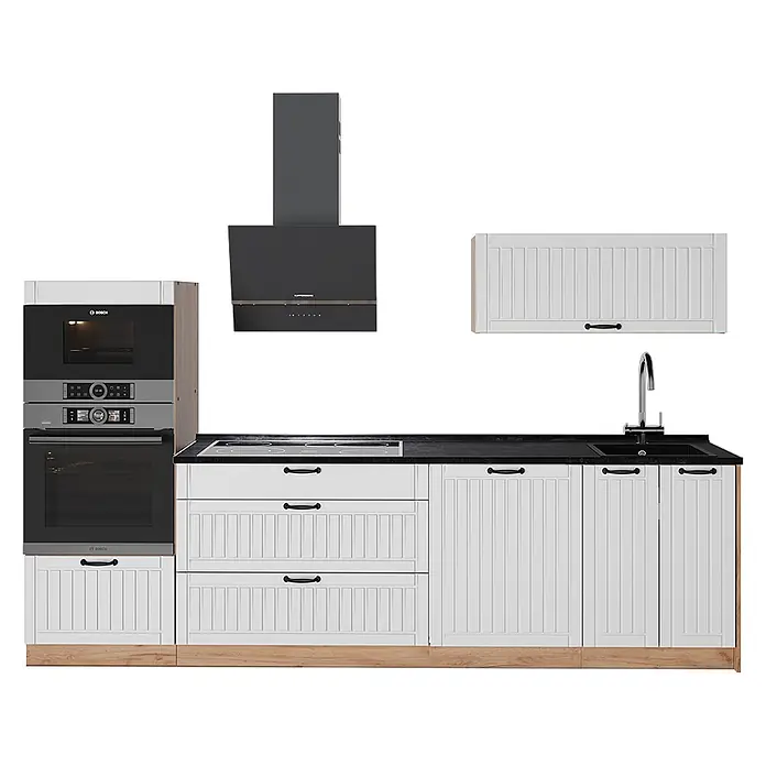 Vicco Küchenzeile - Breite: 280 cm, Weiß Landhaus, Ohne Elektrogeräte - Weiße Küchenzeile mit schwarzen Arbeitsplatten, integrierten Öfen, Kochfeld, Spüle und Dunstabzugshaube. Klassische Paneeltüren und heller Holzsockel.
