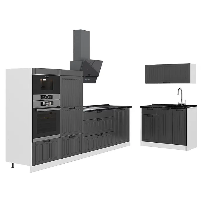 Vicco Küchenzeile - Breite: 380 cm, Dunkelgrau, Ohne Elektrogeräte - Moderne dunkelgraue und weiße Küchenzeile mit integrierten Bosch-Geräten, schwarzen Arbeitsplatten, Spüle und Dunstabzugshaube.
