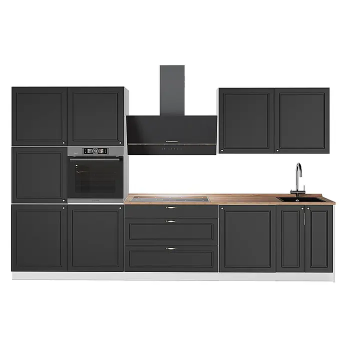 Vicco Küchenzeile - Breite: 340 cm, Anthrazit-Gold Landhaus, Ohne Elektrogeräte - Modulare Küche in Dunkelgrau mit Rahmenfronten, Holztheke, Einbaubackofen, Induktionskochfeld, Dunstabzugshaube und Spüle mit Wasserhahn.