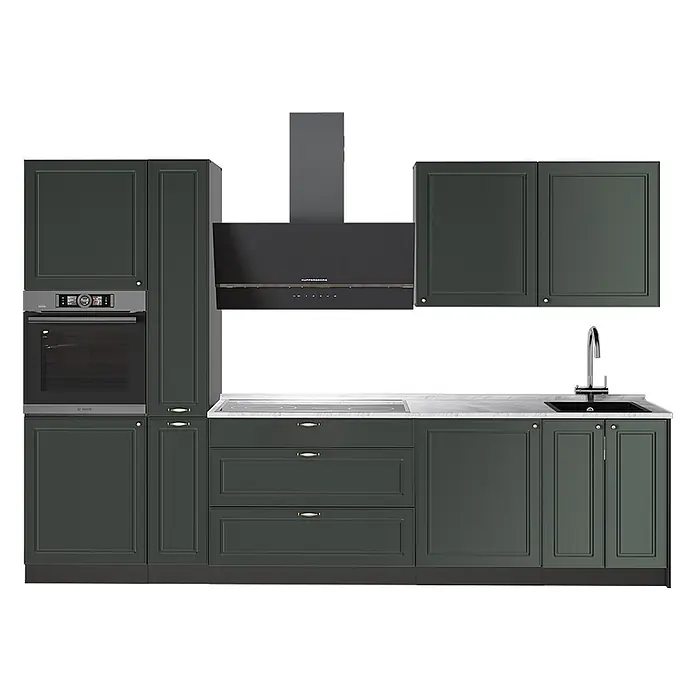 Vicco Küchenzeile - Breite: 310 cm, Grün-Gold Landhaus, Ohne Elektrogeräte - Dunkelgrüne Küchenzeile mit integriertem Backofen, Kochfeld, Dunstabzugshaube und Spüle. Helle Arbeitsplatten.