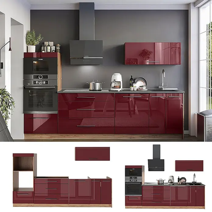 Vicco Küchenzeile - Breite: 280 cm, Bordeaux Hochglanz, Ohne Elektrogeräte - Moderne hochglanz-maroonfarbene Küche mit integriertem Backofen, Mikrowelle, Kochfeld und Spüle.