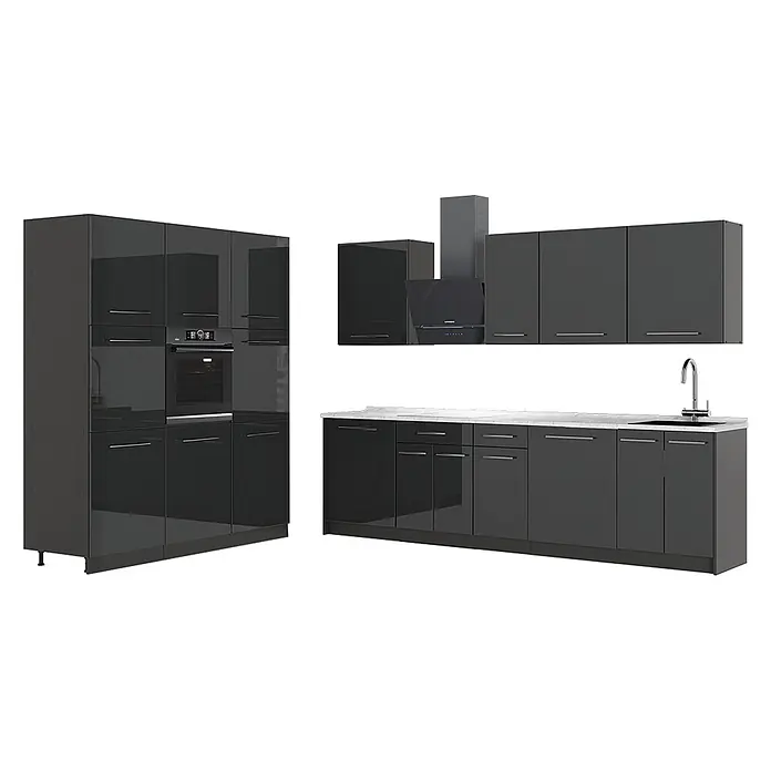 Vicco Küchenzeile - Anthrazit Hochglanz, Ohne Elektrogeräte - Moderne glänzende dunkelgraue Küchenzeile mit Schränken, Backofen, Kochfeld, Spüle und Dunstabzugshaube.
