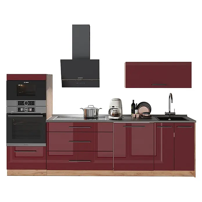 Vicco Küchenzeile - Breite: 280 cm, Bordeaux Hochglanz, Ohne Elektrogeräte - Burgundy glänzende Küche mit integrierten Bosch-Öfen, Kochfeld, Spüle und schwarzer Dunstabzugshaube. Holzsockel.