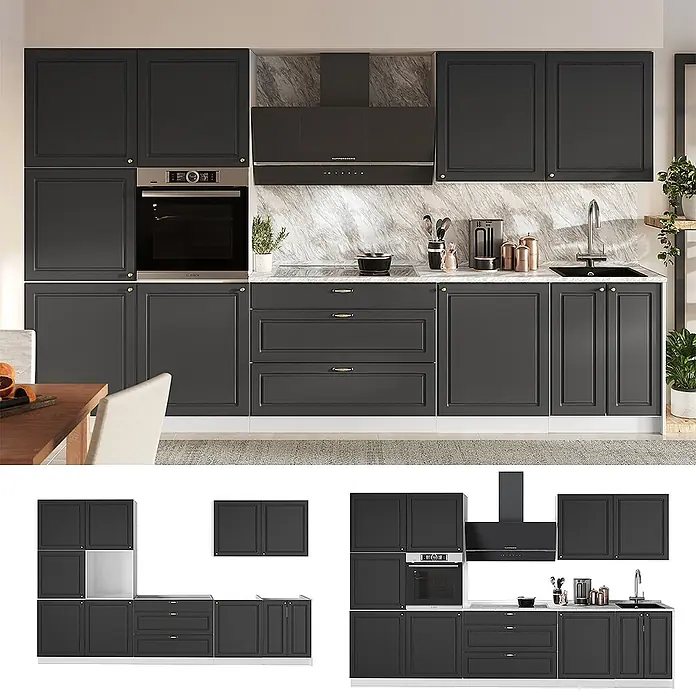 Vicco Küchenzeile - Breite: 340 cm, Anthrazit-Gold Landhaus, Ohne Elektrogeräte - Dunkelgraue Küchenzeile mit Kassettenfronten, weißer Arbeitsplatte und integriertem Backofen, Kochfeld, Spüle.