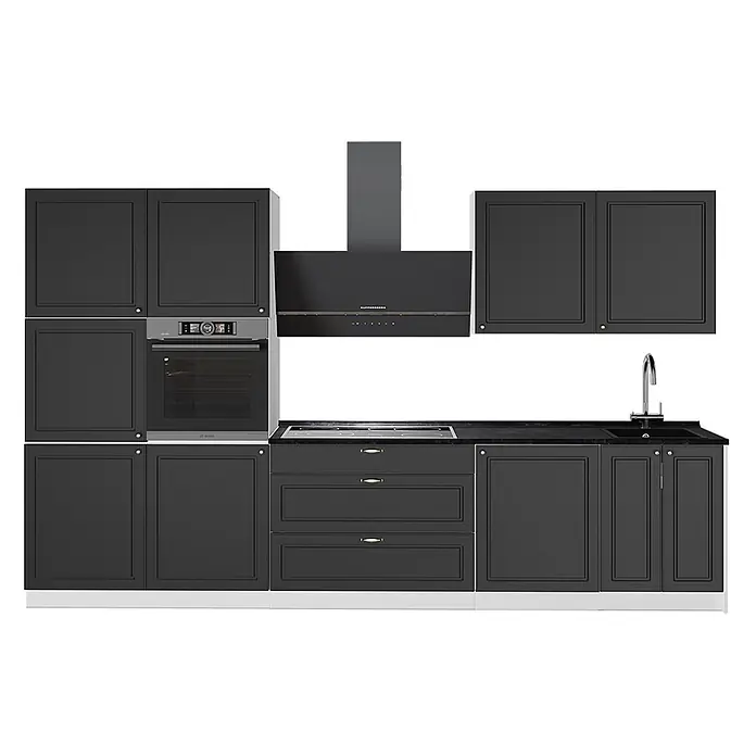 Vicco Küchenzeile - Breite: 340 cm, Anthrazit-Gold Landhaus, Ohne Elektrogeräte - Eine schwarze Küchenzeile mit Schränken, Schubladen, integriertem Backofen, Kochfeld, Dunstabzugshaube und Spüle mit Wasserhahn.
