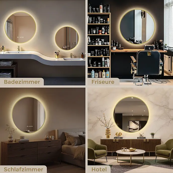 S'AFIELINA Lichtspiegel Luna Plus Ø 600 mm Gold - 60 x 60 cm - Runder LED-Spiegel mit Goldrahmen, beleuchtet, präsentiert in Bad, Friseursalon, Schlafzimmer und Hotel.