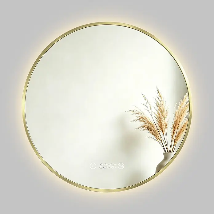 S'AFIELINA Lichtspiegel Luna Plus Ø 700 mm Gold - 700 x 700 mm - Rundes, goldgerahmtes Spiegel mit LED-Hintergrundbeleuchtung und digitaler Anzeige für Zeit und Temperatur mit Touch-Bedienelementen.