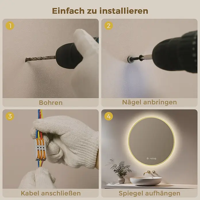 S'AFIELINA Lichtspiegel Luna Plus Ø 600 mm Gold - 60 x 60 cm - Installationsanleitung für einen runden LED-Spiegel mit Schritten wie Bohren, Befestigen, Verkabeln und dem fertigen Spiegel über einem Waschbecken.