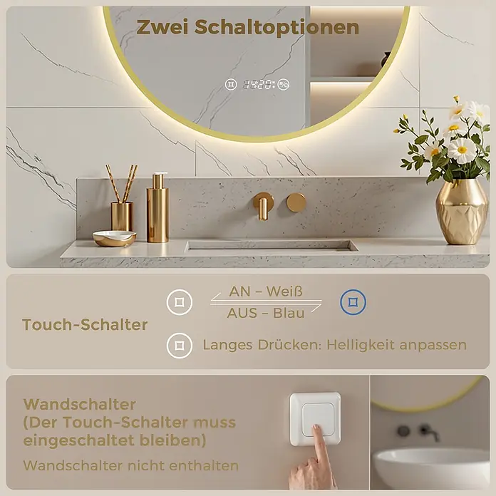 S'AFIELINA Lichtspiegel Luna Plus Ø 700 mm Gold - 700 x 700 mm - Runder goldgerahmter LED-Spiegel mit Touch- und Wandschalter-Optionen. Touch-Schalter bietet dimmbares weißes Licht, Anzeige weiß (an) oder blau (aus).