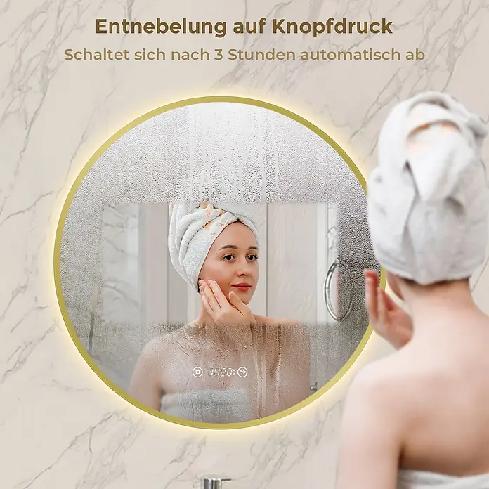 S'AFIELINA Lichtspiegel Luna Plus Ø 700 mm Gold - 700 x 700 mm - Runder LED-Spiegel mit Goldrahmen und Entnebelungsfunktion, zeigt freien Bereich und Digitalanzeige im dampfigen Bad.