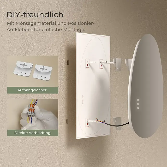 S'AFIELINA Lichtspiegel Forma 850 × 500 mm - 85 x 50 cm - DIY-freundliche Installation eines Spiegels mit Montagematerial, Positionier-Aufklebern und direkter Verkabelung an der Wand.