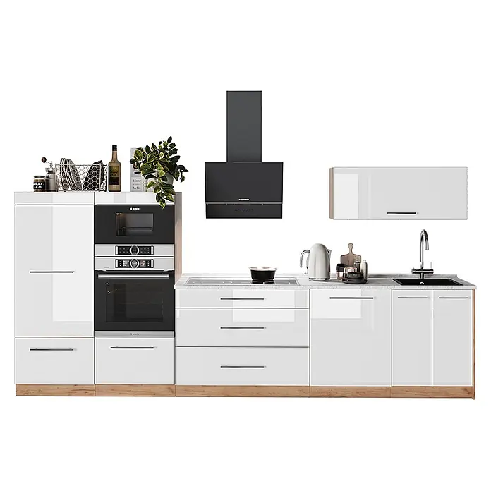 Vicco Küchenzeile - Weiß Hochglanz, Ohne Elektrogeräte - Moderne hochglänzende weiße Küchenzeile mit hellem Holzsockel, integrierten Bosch-Geräten, Induktionskochfeld, Spüle und Zubehör.