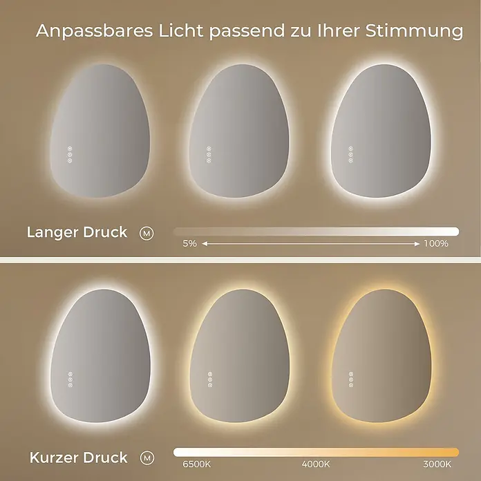 S'AFIELINA Lichtspiegel Forma 850 × 500 mm - 85 x 50 cm - Ovaler LED-Spiegel mit einstellbarer Helligkeit (5%-100%) und Farbtemperatur (6500K-3000K).