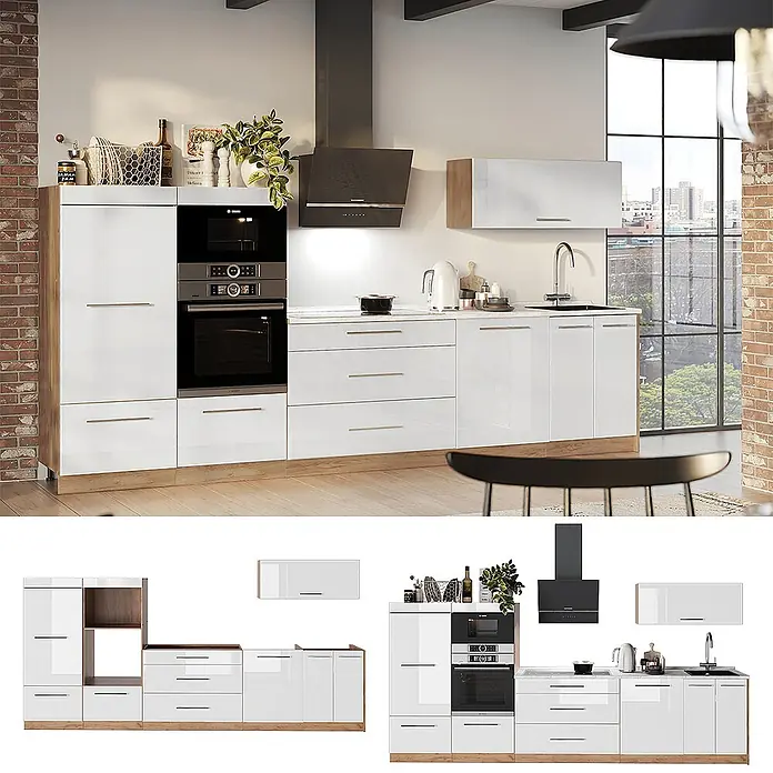 Vicco Küchenzeile - Weiß Hochglanz, Ohne Elektrogeräte - Moderne Hochglanz-Küche in Weiß mit integrierten Geräten, hellen Holzdetails und schlanken Griffen.