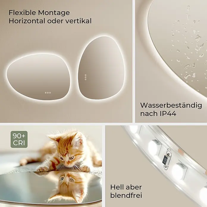 S'AFIELINA Lichtspiegel Forma 850 × 500 mm - 85 x 50 cm - Hinterleuchtete organische LED-Spiegel mit Touch-Steuerung, IP44 Wasserdichtigkeit, hohem 90+ CRI, flexibler Montage und blendfreiem Licht.