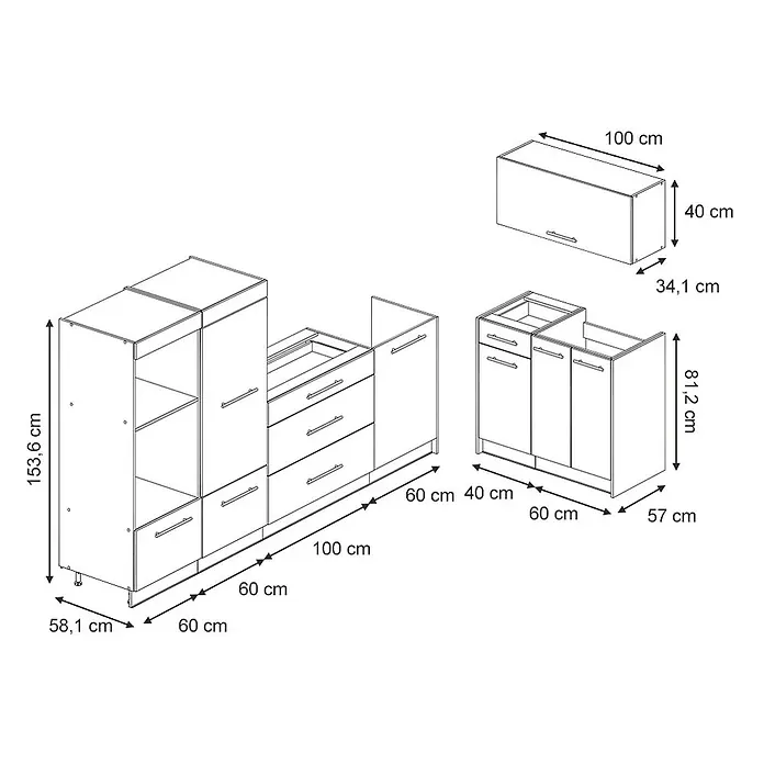 Vicco Küchenzeile - Breite: 380 cm, Weiß Landhaus, Ohne Elektrogeräte - Detailliertes Diagramm modularer Küchenschränke, zeigt verschiedene Unter-, Hochschränke und Oberschränke mit ihren Maßen.