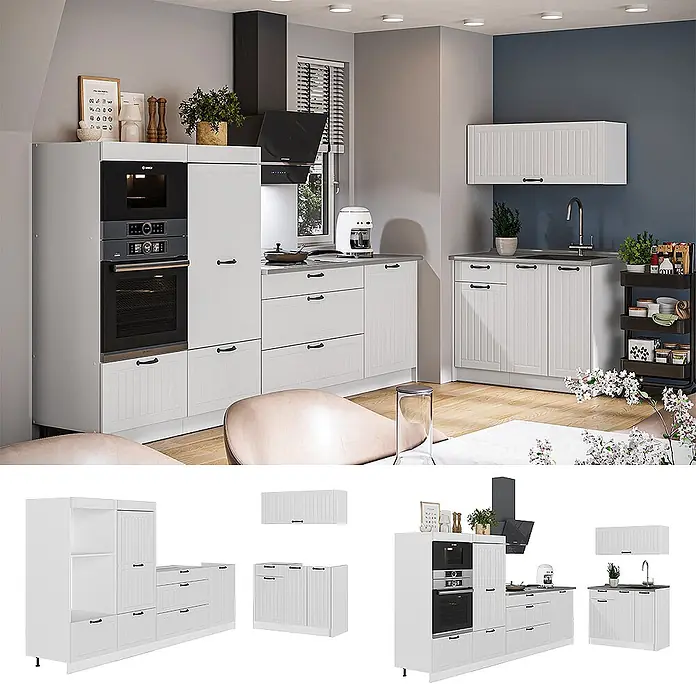 Vicco Küchenzeile - Breite: 380 cm, Weiß Landhaus, Ohne Elektrogeräte - Weißes modulares Küchenset mit geriffelten Türen, schwarzen Griffen und integrierten Geräten.