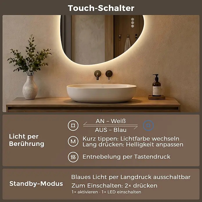 S'AFIELINA Lichtspiegel Apex - 70 x 80 cm, Leuchtmittel - Moderner LED-Badezimmerspiegel mit Touch-Steuerung über einem Waschbecken. Steuert Lichtfarbe, Helligkeit und Entfeuchtung.