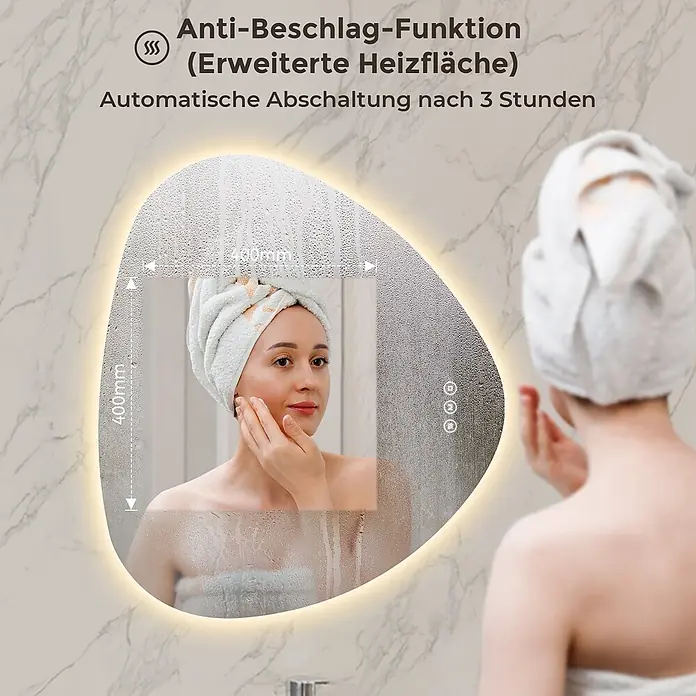 S'AFIELINA Lichtspiegel Apex - 70 x 80 cm, Leuchtmittel - Beleuchteter Anti-Beschlag-Spiegel mit erweiterter Heizfläche und 3-Stunden-Abschaltautomatik, in einem dampfigen Badezimmer.