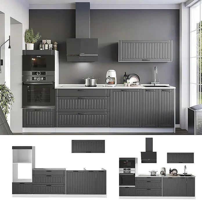 Vicco Küchenzeile - Dunkelgrau, Ohne Elektrogeräte - Moderne dunkelgraue Küche mit integrierten Geräten, weißer Arbeitsplatte und gerillten Schranktüren, in kompletter Raumansicht.