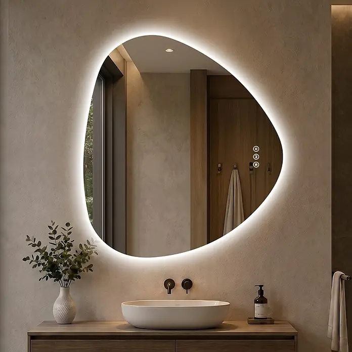 S'AFIELINA Lichtspiegel Apex - 70 x 80 cm, Leuchtmittel - Unregelmäßig geformter, LED-hinterleuchteter Spiegel über einem modernen Waschtisch mit Waschbecken. Bietet Umgebungsbeleuchtung.