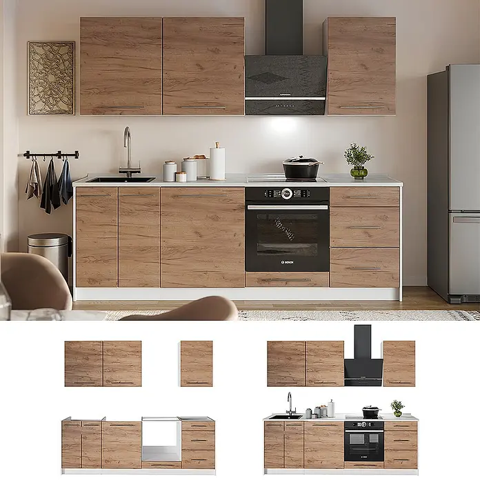 Vicco Küchenzeile - Goldkraft Eiche, Ohne Elektrogeräte - Moderne Küchenzeile mit Holzdekor-Schränken, weißen Arbeitsplatten und integrierten Geräten.