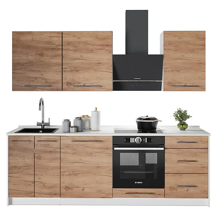 Vicco Küchenzeile - Goldkraft Eiche, Ohne Elektrogeräte - Moderne Küchenzeile mit Holzmaserungsschränken, weißer Arbeitsplatte und integrierten schwarzen Geräten wie Backofen, Kochfeld und Dunstabzugshaube.