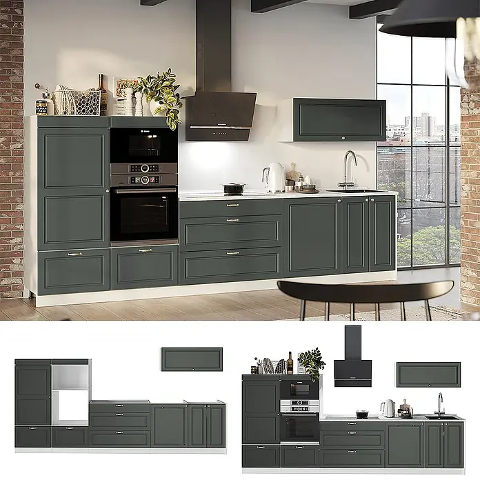 Vicco Küchenzeile - Breite: 340 cm, Grün-Gold Landhaus, Ohne Elektrogeräte - Dunkelgrüne klassische Küchenschränke in einer modernen Küche mit integrierten Geräten.