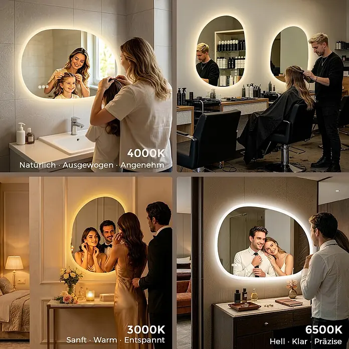 S'AFIELINA Lichtspiegel Mora 700 × 500 mm - 70 x 50 cm - LED-Spiegel in organischer Form mit einstellbarem Licht (3000K-6500K) für verschiedene Ambiente.