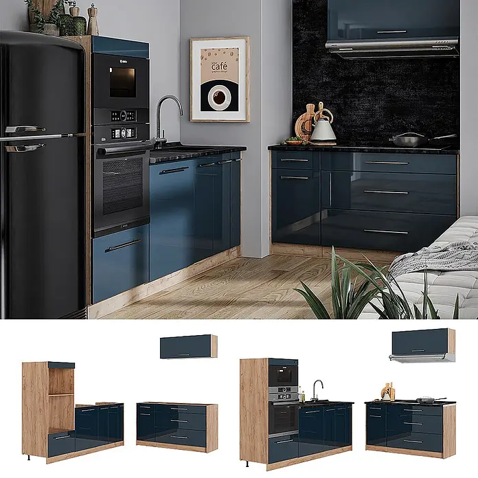 Vicco Küchenzeile - Dunkelblau Hochglanz, Ohne Elektrogeräte - Moderne Küche mit blauen Hochglanzschränken, hellen Holzdetails und integriertem Ofen, Mikrowelle und Spüle.