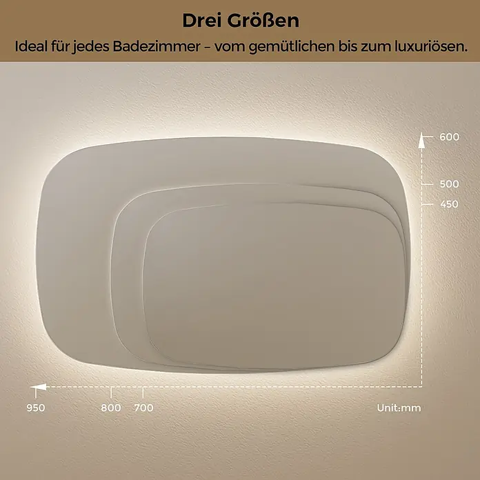 S'AFIELINA Lichtspiegel Pebble 950 × 600 mm - 95 x 60 cm - Hintergrundbeleuchtete Spiegel mit abgerundeten Ecken, in drei verschachtelten Größen zur Veranschaulichung der verfügbaren Maße.