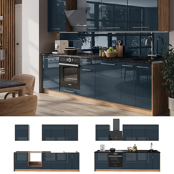 Vicco Küchenzeile - Dunkelblau Hochglanz, Ohne Elektrogeräte - Moderne dunkelblaue Küche mit glänzenden Schränken und Holzdetails, inklusive Backofen und Spüle.