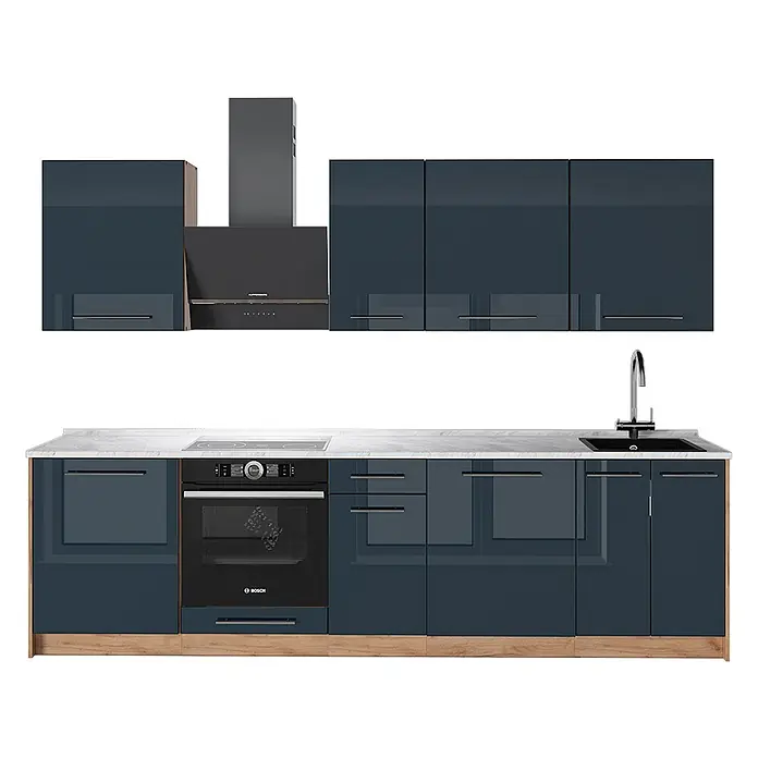 Vicco Küchenzeile - Dunkelblau Hochglanz, Ohne Elektrogeräte - Moderne Küche mit dunkelblauen Hochglanzschränken, weißer Arbeitsplatte, Backofen, Kochfeld, Spüle und Dunstabzugshaube.