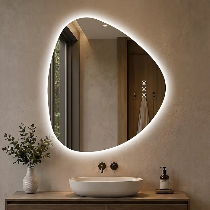 S'AFIELINA Lichtspiegel Apex - 60 x 70 cm, Leuchtmittel - Unregelmäßig geformter, LED-beleuchteter Spiegel über einem Waschbecken, der Fenster und Holztür reflektiert.