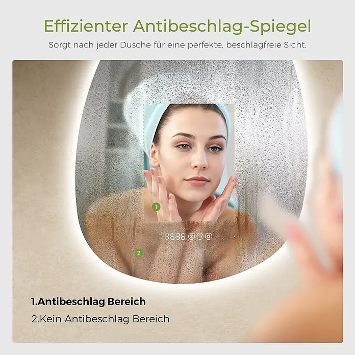 S'AFIELINA Lichtspiegel Forma Plus - 60 x 45 cm, Leuchtmittel - Antibeschlag-Badezimmerspiegel mit klarem, beschlagfreiem Bereich um ein Gesicht und beschlagenem Bereich, sowie integrierter Digitalanzeige.