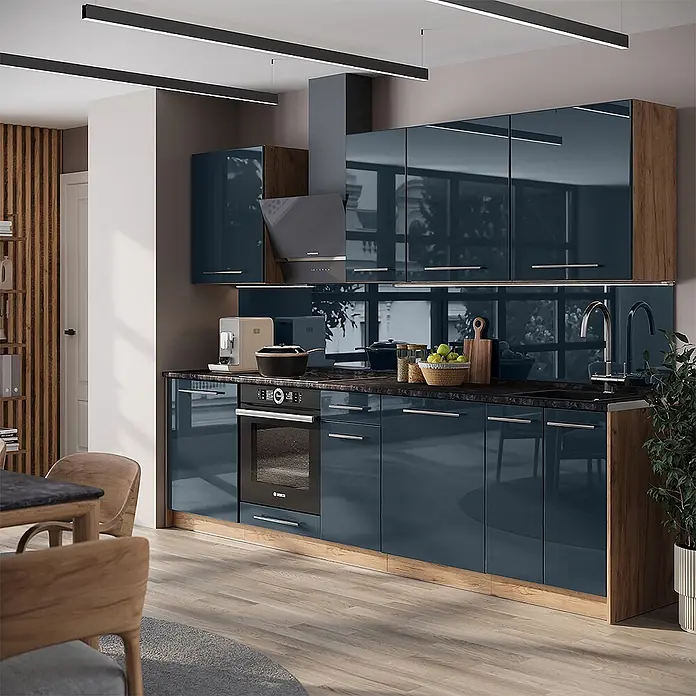 Vicco Küchenzeile - Dunkelblau Hochglanz, Ohne Elektrogeräte - Moderne Küche mit glänzenden blauen Schränken, Holzseiten, dunkler Arbeitsplatte, integriertem Ofen und Dunstabzugshaube.
