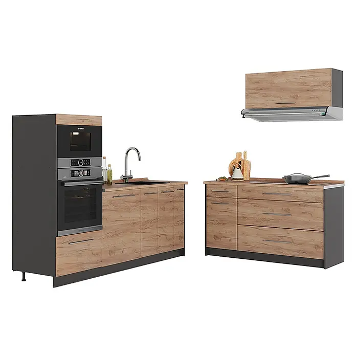 Vicco Küchenzeile - Breite: 340 cm, Goldkraft Eiche, Ohne Elektrogeräte - Moderne Küchenzeile in heller Holzoptik und Anthrazit, mit integrierten Backöfen, Spüle, Kochfeld und Dunstabzugshaube.