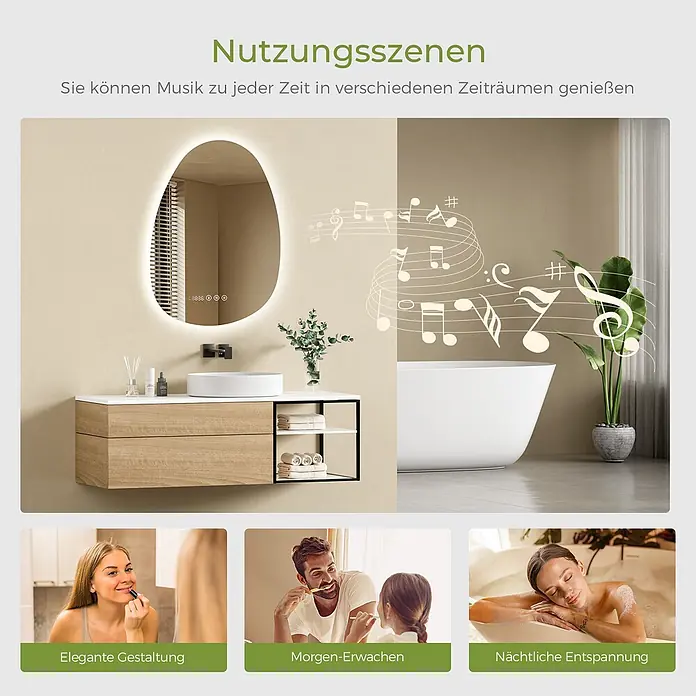 S'AFIELINA Lichtspiegel Forma Plus - 60 x 45 cm, Leuchtmittel - Ovaler LED-Smart-Spiegel mit Hintergrundbeleuchtung, Touch-Steuerung und Zeitanzeige im Bad, mit integriertem Audio für Musik.