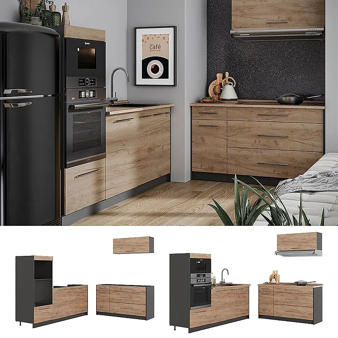 Vicco Küchenzeile - Breite: 340 cm, Goldkraft Eiche, Ohne Elektrogeräte - Modulares Küchensystem mit hellen Holzoptik-Schränken und dunkelgrauen Rahmen, bestehend aus Unter-, Hänge- und Geräteschränken.