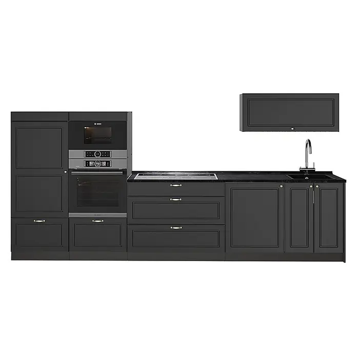 Vicco Küchenzeile - Breite: 340 cm, Anthrazit-Gold Landhaus, Ohne Elektrogeräte - Dunkelgraue Einbauküche mit integrierten Geräten (Ofen, Mikrowelle, Kochfeld, Spüle) und Messinggriffen.