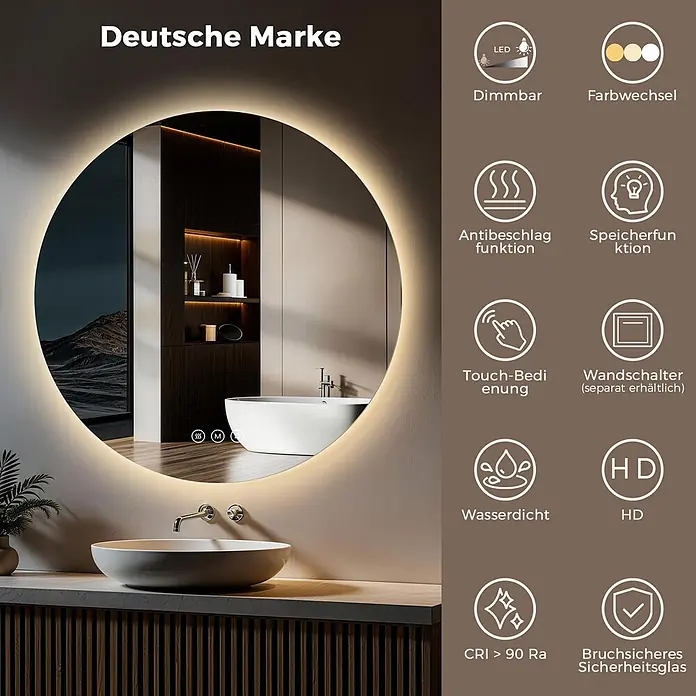 S'AFIELINA Lichtspiegel Luna Ø 700 mm - 70 x 70 cm - Moderner runder LED-Badezimmerspiegel mit Touch-Steuerung, dimmbar, Farbwechsel, Antibeschlag, HD und Sicherheitsglas.