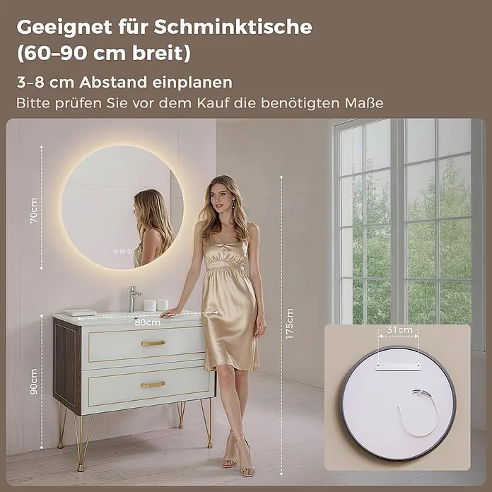 S'AFIELINA Lichtspiegel Luna Ø 700 mm - 70 x 70 cm - Runder LED-Spiegel (70cm Durchmesser) mit Hintergrundbeleuchtung, über einem Waschtisch gezeigt. Geeignet für Schminktische (60-90cm breit). Maße angegeben.
