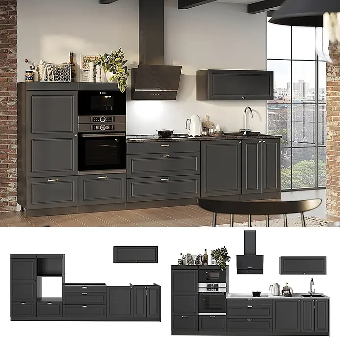Vicco Küchenzeile - Breite: 340 cm, Anthrazit-Gold Landhaus, Ohne Elektrogeräte - Modulare dunkelgraue Küchenschränke mit integriertem Backofen, Mikrowelle und Spüle in einer modernen Küche.