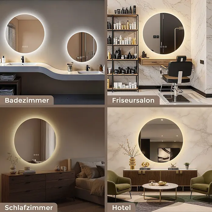 S'AFIELINA Lichtspiegel Luna Ø 700 mm - 70 x 70 cm - Runder LED-Spiegel mit Hintergrundbeleuchtung, gezeigt in Bad, Friseursalon, Schlafzimmer und Hotel, betont seine vielseitige Nutzung.