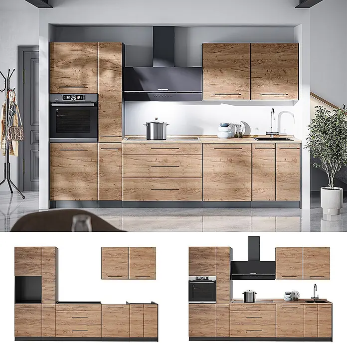 Vicco Küchenzeile - Goldkraft Eiche, Ohne Elektrogeräte - Küchenmöbel in Holzoptik mit integriertem Ofen, Spüle und dunkelgrauer Dunstabzugshaube, in einer modernen Küche arrangiert.